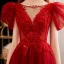 Charming Burgundy Beading Sequins Evening Dresses 2023 A-Line / Princess Scoop Neck Short Sleeve Backless Floor-Length / Long Evening Party Formal Dresses