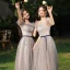 Modest / Simple Grey Bow Sash Bridesmaid Dresses 2023 A-Line / Princess Square Neckline Short Sleeve Floor-Length / Long Bridesmaid Dresses