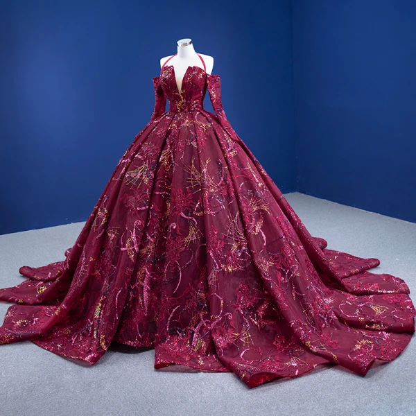 High-end Vintage / Retro Burgundy Handmade  Sequins Lace Flower Prom Dresses 2023 Ball Gown Halter 3/4 Sleeve Backless Chapel Train Formal Dresses