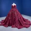 High-end Vintage / Retro Burgundy Handmade  Sequins Lace Flower Prom Dresses 2023 Ball Gown Halter 3/4 Sleeve Backless Chapel Train Formal Dresses