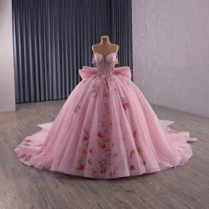 Blomsterfe Luksus Rødmende Rosa Håndlaget Beading Paljetter Blonder Blomst Ballkjoler 2025 Ballkjole Strapless Uten Ermer Ryggløse Sløyfe