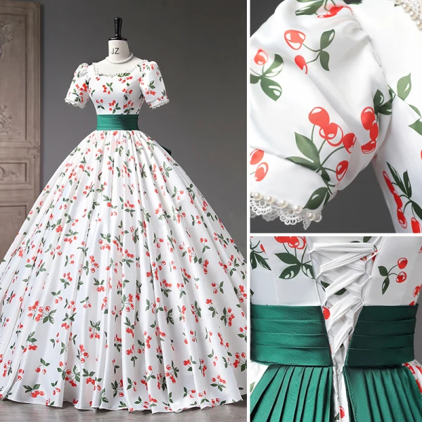 Elegant White Cherry Printing Prom Dresses 2023 Ball Gown Pearl Square Neckline Short Sleeve Backless Floor-Length / Long Prom Formal Dresses