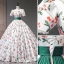 Elegant White Cherry Printing Prom Dresses 2023 Ball Gown Pearl Square Neckline Short Sleeve Backless Floor-Length / Long Prom Formal Dresses