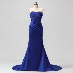 Sexy Trompet Havfrue Fendue Devant Kongeblå Selskapskjoler Ballkjoler 2024 Glidlås Satin Feie Tog Strapless Uten Ermer