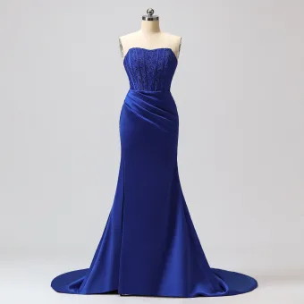 Sexy Trompette Sirène Fendue Devant Bleu Roi Robe De Soirée Robe De Bal 2024 Fermeture Éclair Satin Train De Balayage Bustier Sans Manches