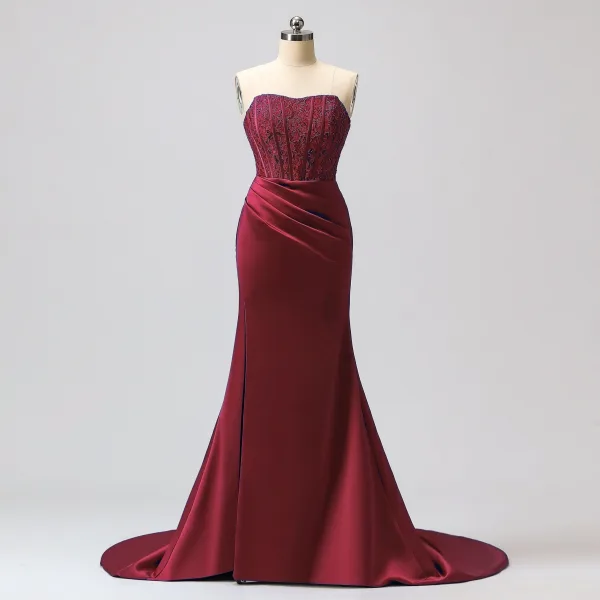 Sexy Meerjungfrau Gespaltete Front Königliches Blau Abendkleider Ballkleider 2024 Reißverschluss Satin Sweep / Pinsel Zug Bandeau Ärmellos