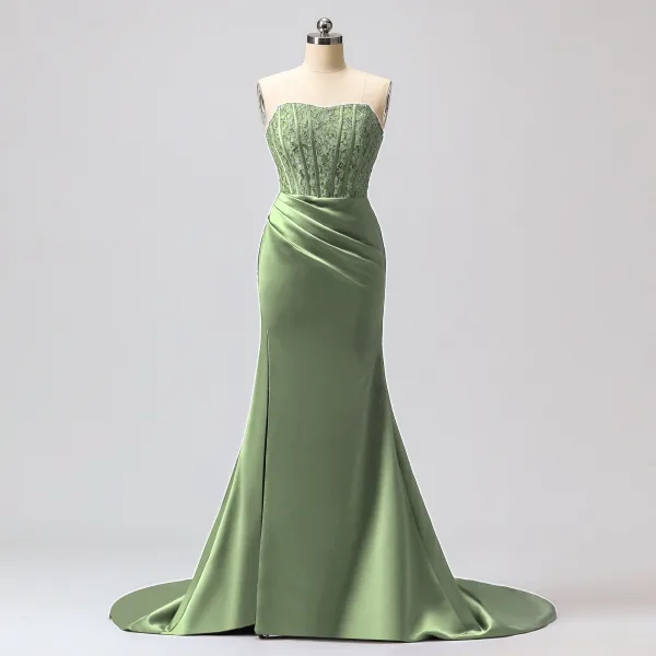 Sexy Meerjungfrau Gespaltete Front Königliches Blau Abendkleider Ballkleider 2024 Reißverschluss Satin Sweep / Pinsel Zug Bandeau Ärmellos