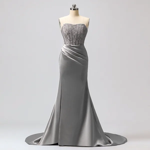 Sexy Meerjungfrau Gespaltete Front Königliches Blau Abendkleider Ballkleider 2024 Reißverschluss Satin Sweep / Pinsel Zug Bandeau Ärmellos