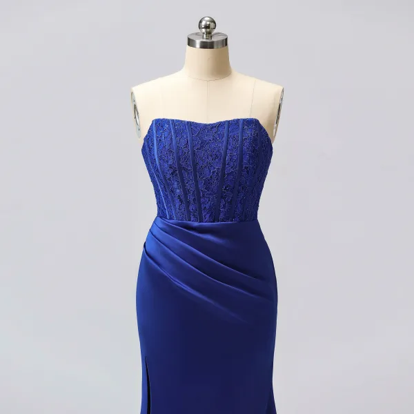 Sexy Meerjungfrau Gespaltete Front Königliches Blau Abendkleider Ballkleider 2024 Reißverschluss Satin Sweep / Pinsel Zug Bandeau Ärmellos