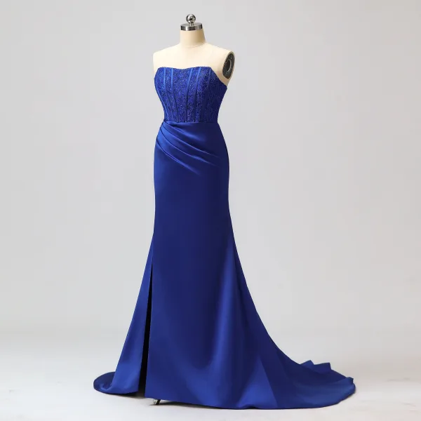 Sexy Meerjungfrau Gespaltete Front Königliches Blau Abendkleider Ballkleider 2024 Reißverschluss Satin Sweep / Pinsel Zug Bandeau Ärmellos