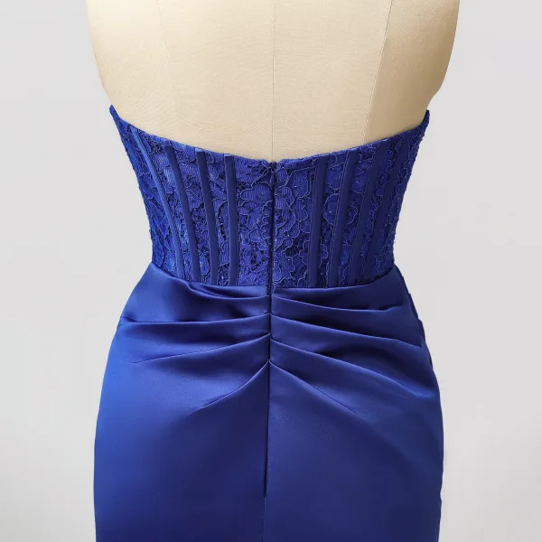 Sexy Meerjungfrau Gespaltete Front Königliches Blau Abendkleider Ballkleider 2024 Reißverschluss Satin Sweep / Pinsel Zug Bandeau Ärmellos