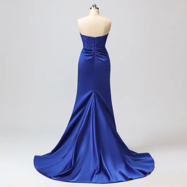 Sexy Meerjungfrau Gespaltete Front Königliches Blau Abendkleider Ballkleider 2024 Reißverschluss Satin Sweep / Pinsel Zug Bandeau Ärmellos