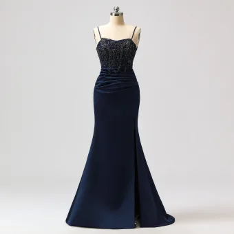 Sexy Dos Nu Bretelles Spaghetti Robe De Soirée Bleu Marine Trompette Sirène Robe De Bal 2024 Bretelles Croisées Perlage Train De Balayage Satin Sans Manches