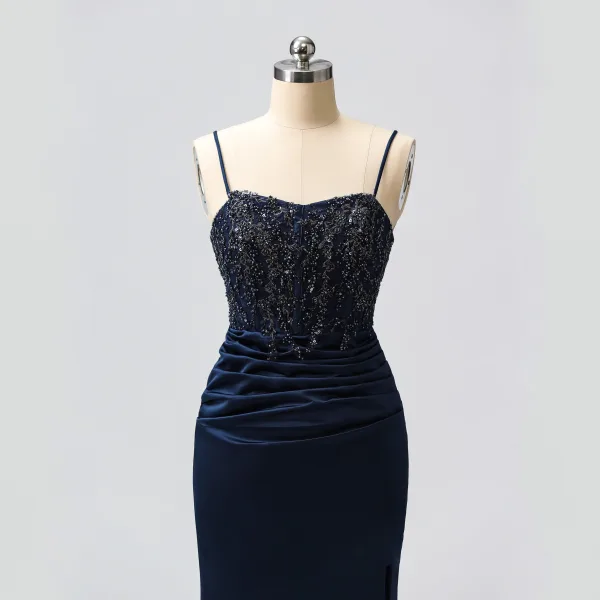 Sexy Dos Nu Bretelles Spaghetti Robe De Soirée Bleu Marine Trompette / Sirène Robe De Bal 2024 Bretelles croisées Perlage Train De Balayage Satin Sans Manches