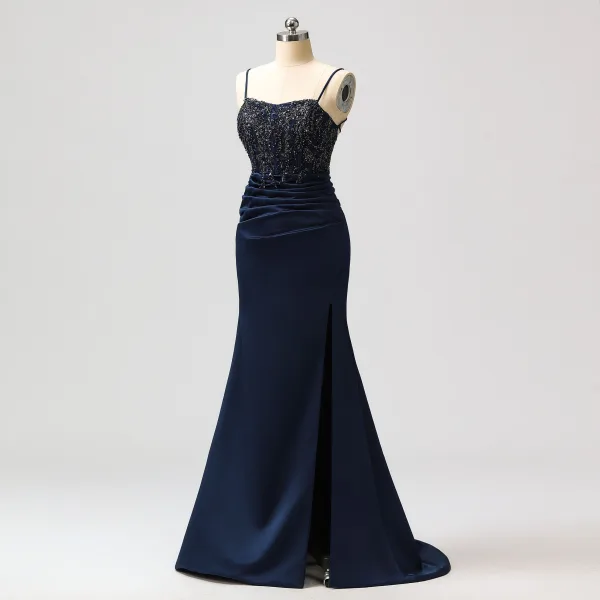 Sexy Dos Nu Bretelles Spaghetti Robe De Soirée Bleu Marine Trompette / Sirène Robe De Bal 2024 Bretelles croisées Perlage Train De Balayage Satin Sans Manches