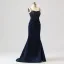 Sexy Dos Nu Bretelles Spaghetti Robe De Soirée Bleu Marine Trompette / Sirène Robe De Bal 2024 Bretelles croisées Perlage Train De Balayage Satin Sans Manches