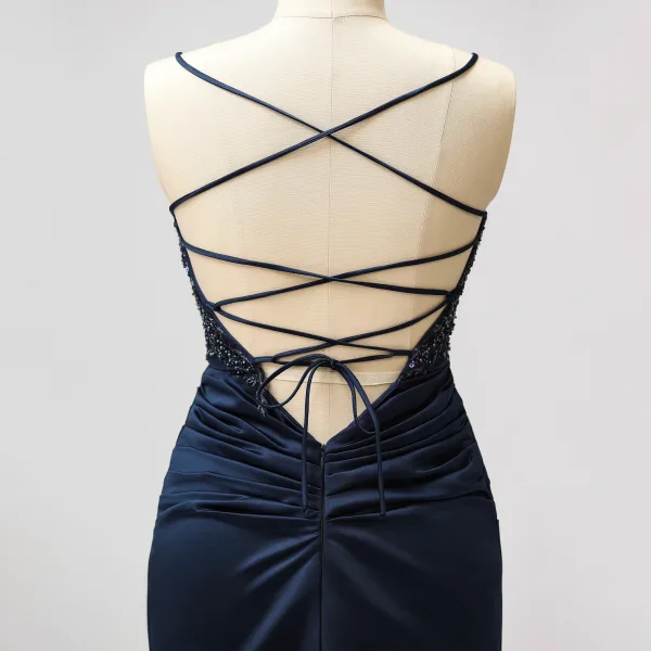 Sexy Dos Nu Bretelles Spaghetti Robe De Soirée Bleu Marine Trompette / Sirène Robe De Bal 2024 Bretelles croisées Perlage Train De Balayage Satin Sans Manches