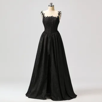 Fabulous Black Floral Split Front Prom Dresses 2024 Dancing Printing Satin Spaghetti Straps Formal Dresses A Line Princess Crossed Straps Sleeveless Floor Length Long