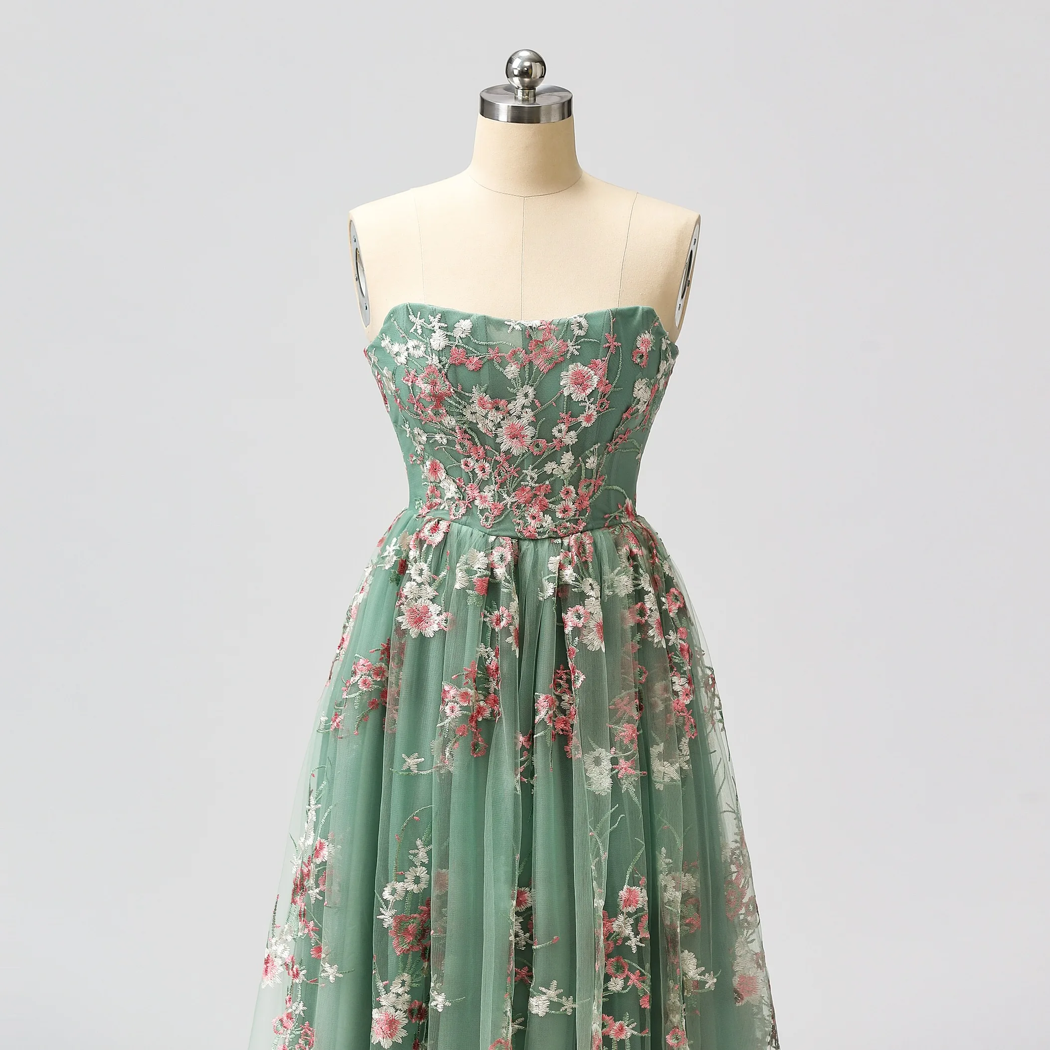 Flower Fairy Floral Sage Green Graduation Dresses Prom Dresses 2024 Crossed  Straps Tea Length Tulle Strapless Sweet 16 Homecoming
