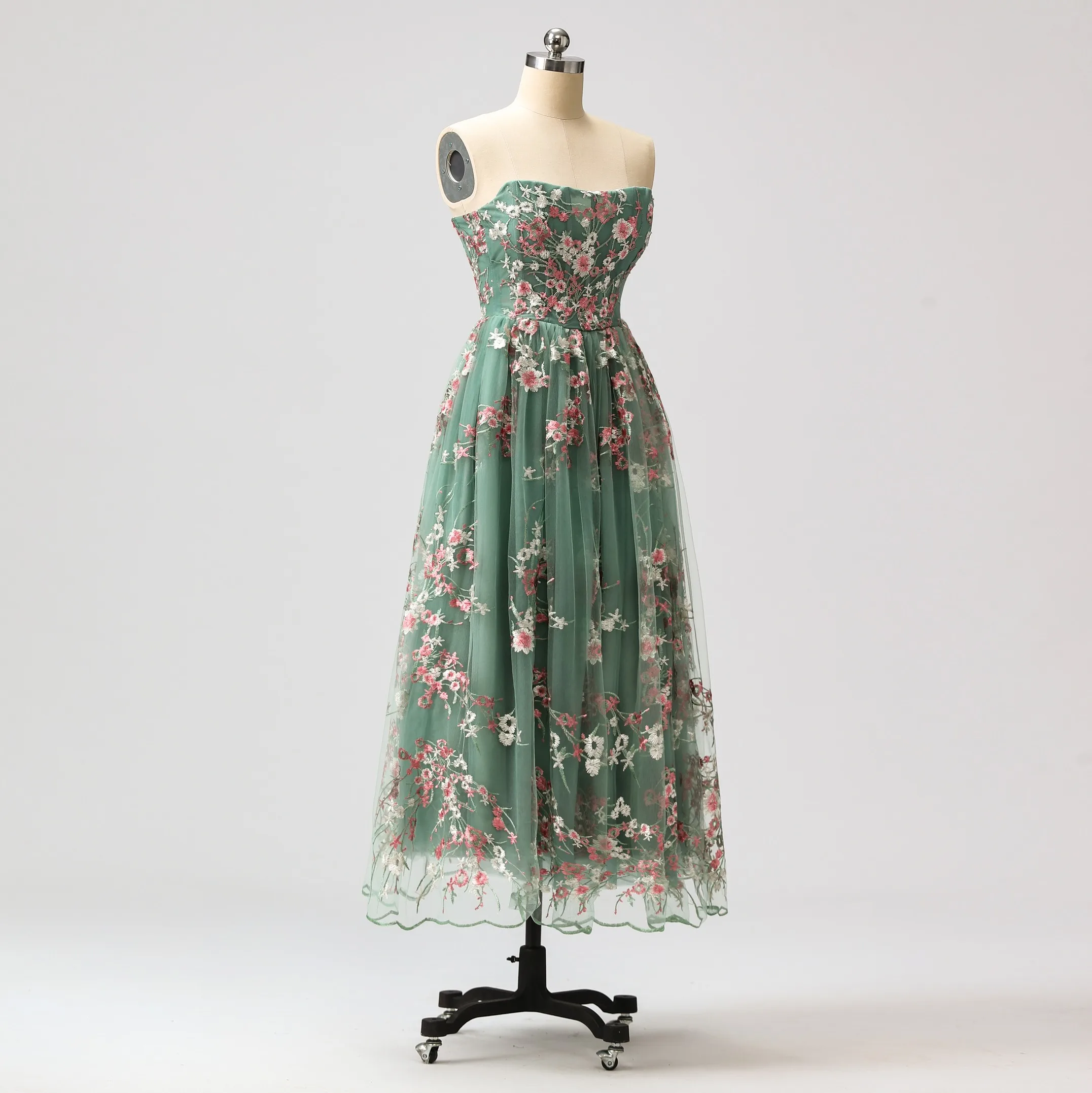 Flower Fairy Floral Sage Green Graduation Dresses Prom Dresses 2024 Crossed  Straps Tea Length Tulle Strapless Sweet 16 Homecoming