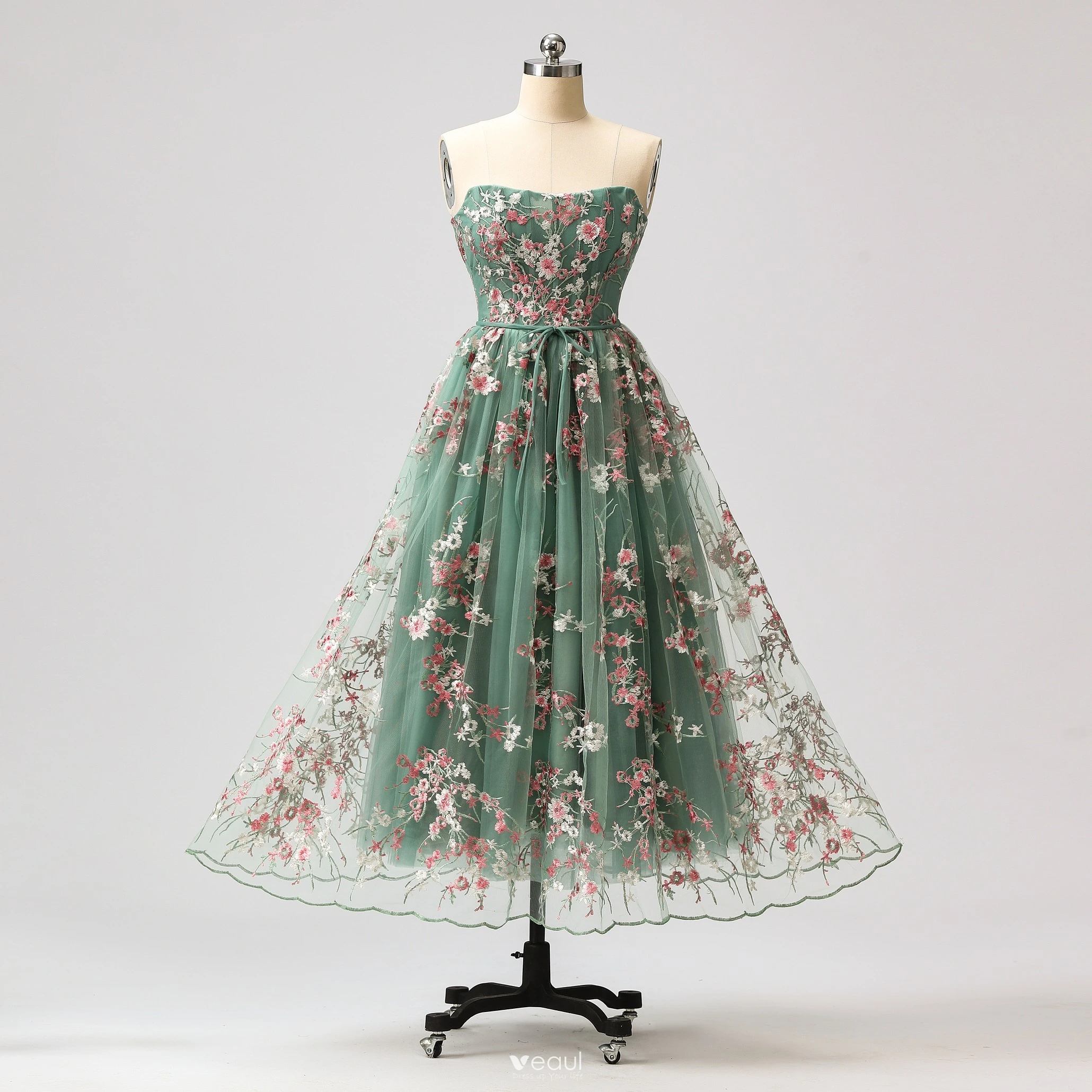 Flower Fairy Floral Sage Green Graduation Dresses Prom Dresses 2024 Crossed  Straps Tea-length Tulle Strapless Sweet 16 Homecoming