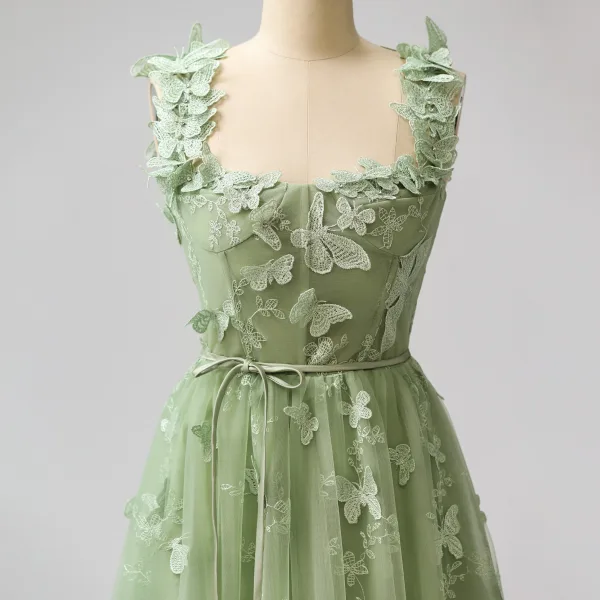 Stunning Sage Green Butterfly Lace Prom Dresses 2024 Split Front A-Line /  Princess Formal Dresses Crossed