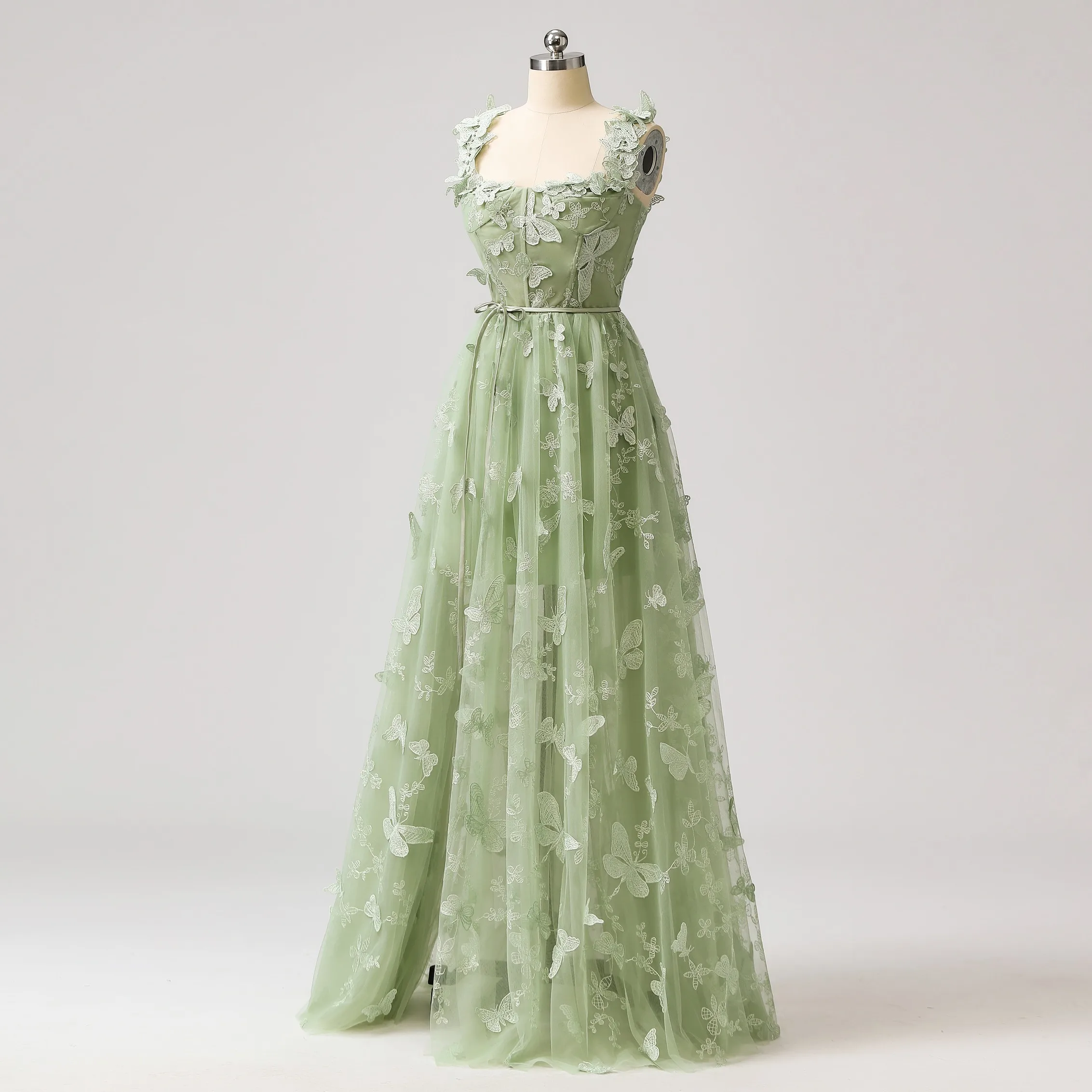 Stunning Sage Green Butterfly Lace Prom Dresses 2024 Split Front A-Line Princess Formal