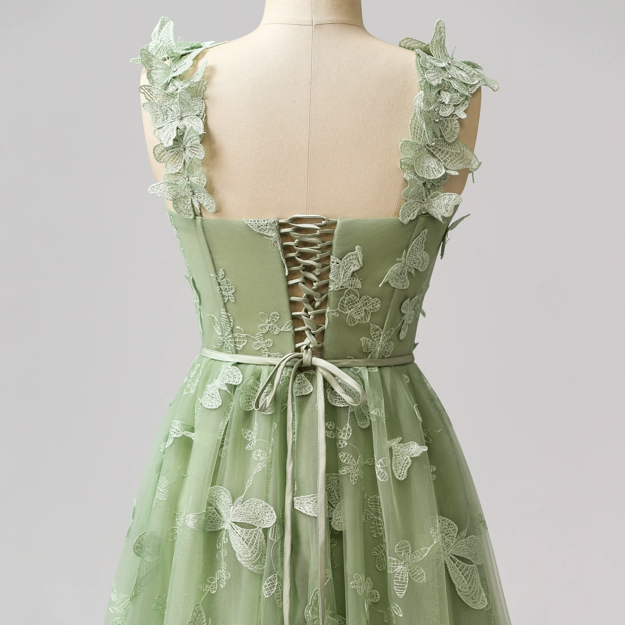 Stunning Sage Green Butterfly Lace Prom Dresses 2024 Split Front A-Line Princess Formal