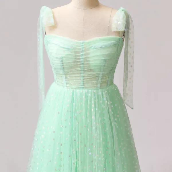 Super Heart-shaped Mint Green Prom Dresses 2024 Homecoming A-Line / Princess Sweet 16 Ankle Length Formal Dresses Crossed Straps Ruffle Tulle