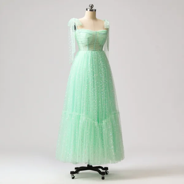 Super Heart-shaped Mint Green Prom Dresses 2024 Homecoming A-Line / Princess Sweet 16 Ankle Length Formal Dresses Crossed Straps Ruffle Tulle