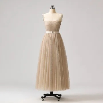 Scintillantes Glitter Champagne Tulle Robe De Bal 2024 Douce 16 De Retour Longueur Cheville Robe De Cérémonie Princesse Bretelles Spaghetti Bretelles Croisées Sans Manches