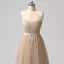 Sparkly Glitter Champagne Tulle Prom Dresses 2024 Sweet 16 Homecoming Ankle Length Formal Dresses A-Line / Princess Spaghetti Straps Crossed Straps Sleeveless