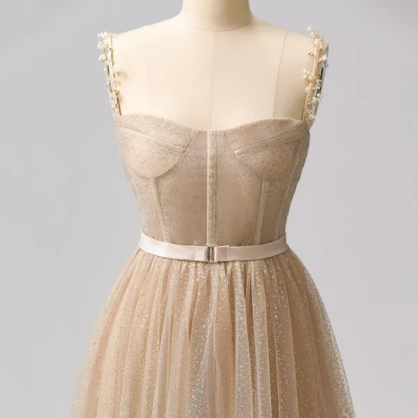 Sparkly Glitter Champagne Tulle Prom Dresses 2024 Sweet 16 Homecoming Ankle Length Formal Dresses A-Line / Princess Spaghetti Straps Crossed Straps Sleeveless