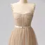 Sparkly Glitter Champagne Tulle Prom Dresses 2024 Sweet 16 Homecoming Ankle Length Formal Dresses A-Line / Princess Spaghetti Straps Crossed Straps Sleeveless
