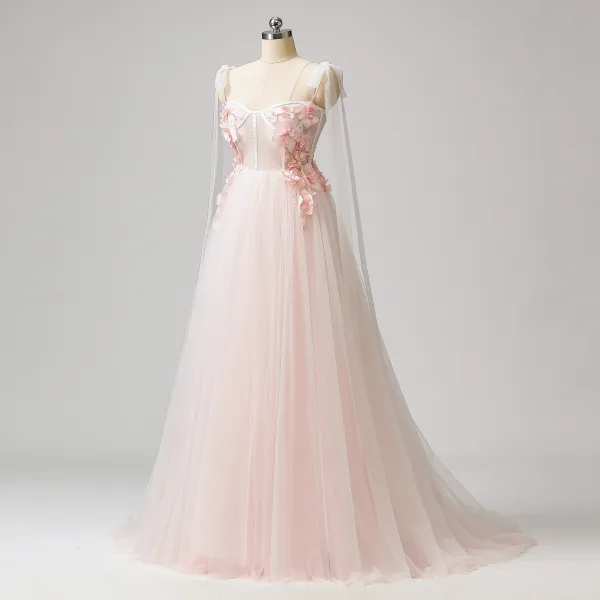 Eventyr 3D Lace Rødmende Rosa Blomst Ballkjoler 2024 Kjæreste Søt 16 Formelle Kjoler Kryssede Stropper Lange Tyll Prinsesse