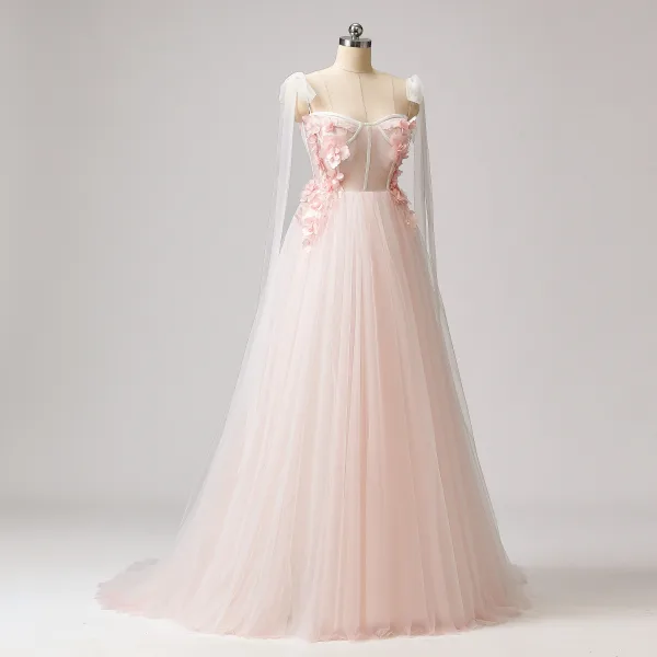 Eventyr 3D Lace Rødmende Rosa Blomst Ballkjoler 2024 Kjæreste Søt 16 Formelle Kjoler Kryssede Stropper Lange Tyll Prinsesse