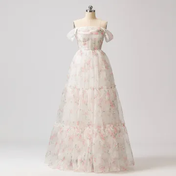 Flower Fairy White Floral Prom Dresses 2024 A Line Princess Ruffle Sweet 16 Formal Dresses Crossed Straps Floor Length Long Off The Shoulder Short Sleeve