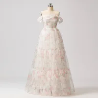 Blumenfee Weiß Blumen Ballkleider 2024 A Linie Rüschen Süßes 16 Festliche Kleider Gekreuzte Träger Lange Off Shoulder Kurze Ärmel