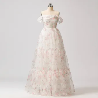 Blumenfee Weiß Blumen Ballkleider 2024 A Linie Rüschen Süßes 16 Festliche Kleider Gekreuzte Träger Lange Off Shoulder Kurze Ärmel