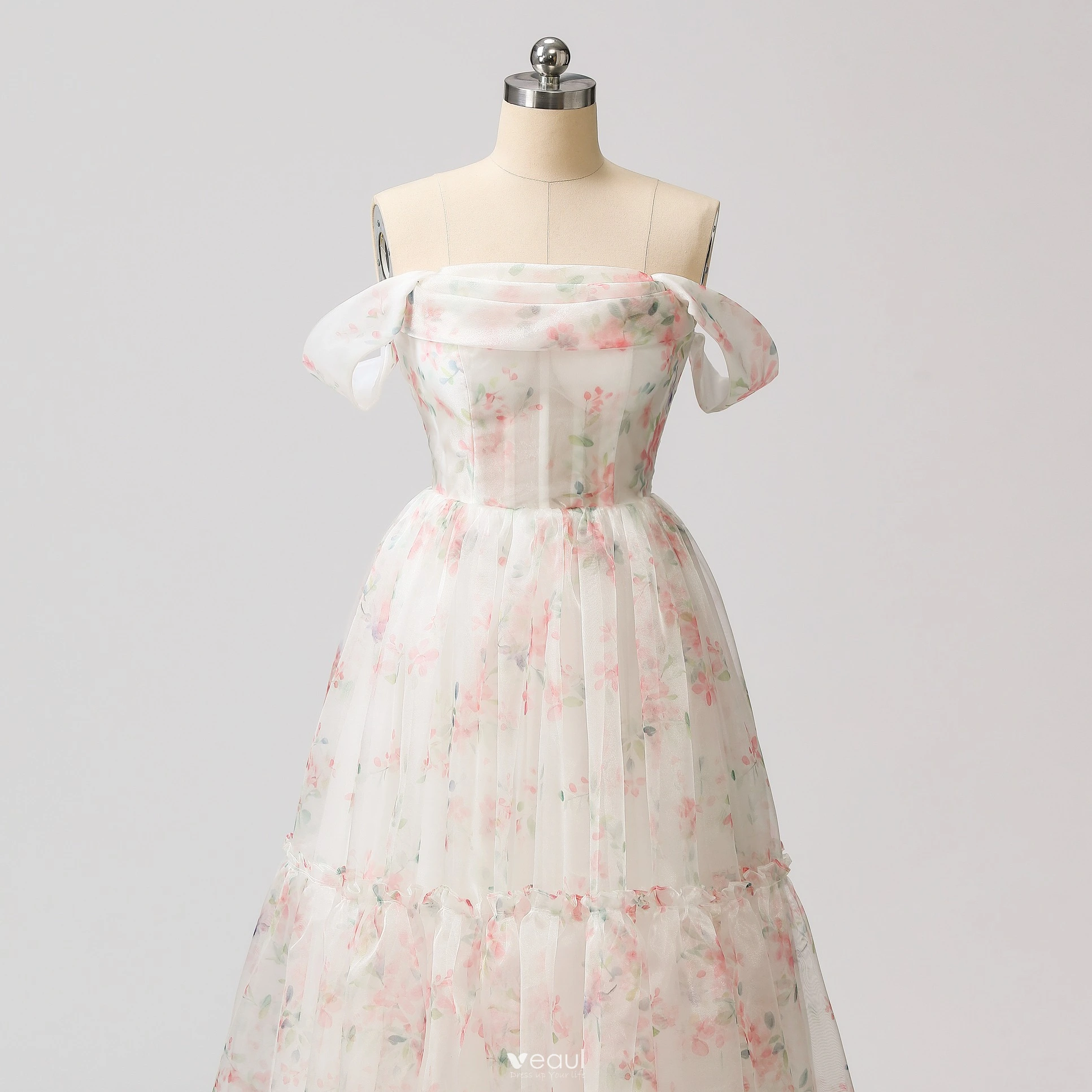 Flower Fairy White Floral Prom Dresses 2024 A-Line / Princess Ruffle Sweet  16 Formal Dresses Crossed Straps Floor-Length / Long Off-The-Shoulder Short  Sleeve