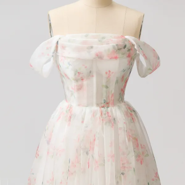 Flower Fairy White Floral Prom Dresses 2024 A-Line / Princess Ruffle Sweet 16 Formal Dresses Crossed Straps Floor-Length / Long Off-The-Shoulder Short Sleeve