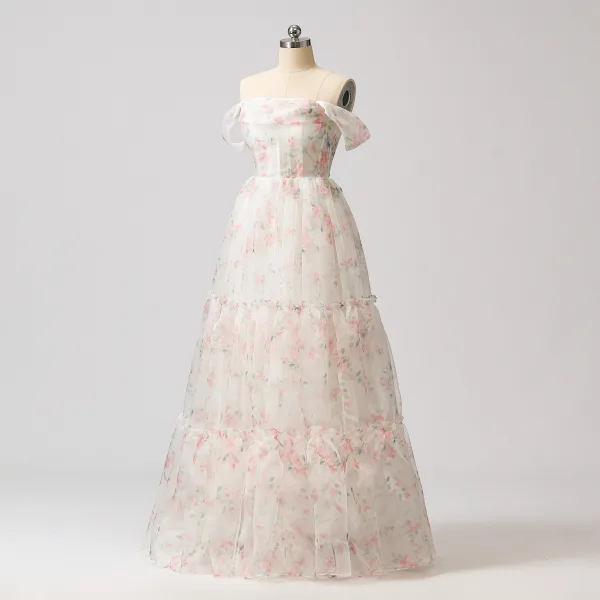 Flower Fairy White Floral Prom Dresses 2024 A-Line / Princess Ruffle Sweet 16 Formal Dresses Crossed Straps Floor-Length / Long Off-The-Shoulder Short Sleeve