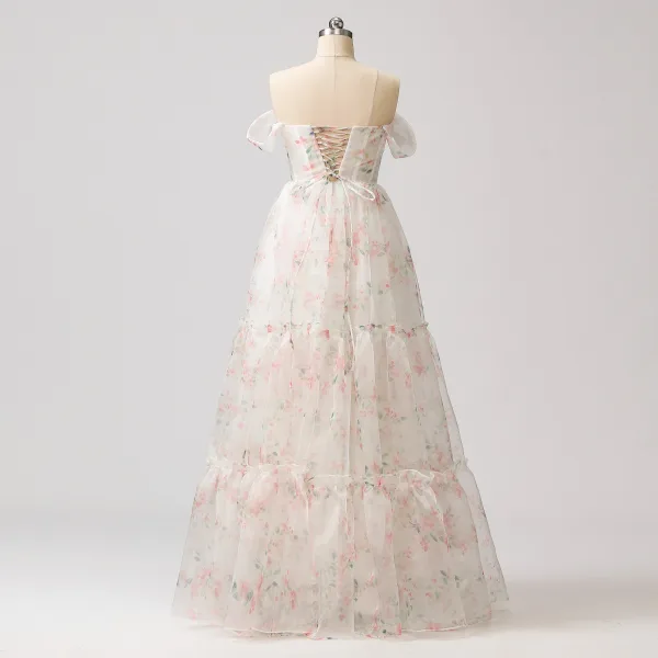 Flower Fairy White Floral Prom Dresses 2024 A-Line / Princess Ruffle Sweet 16 Formal Dresses Crossed Straps Floor-Length / Long Off-The-Shoulder Short Sleeve