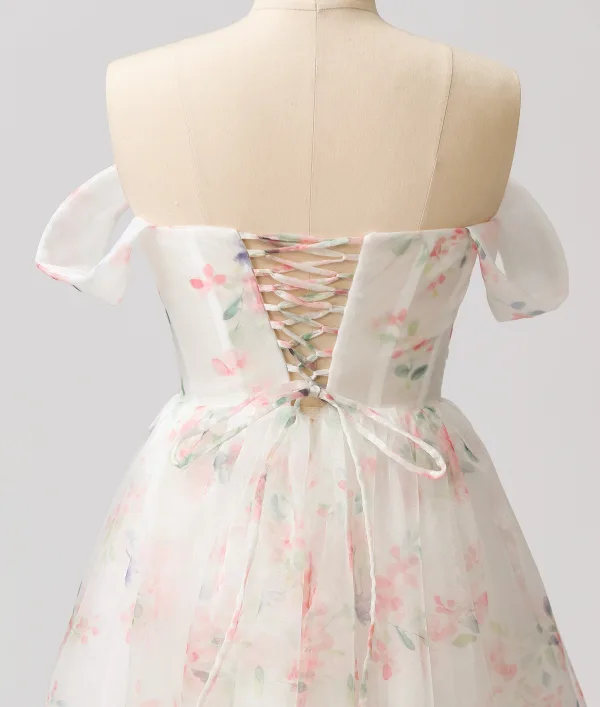 Flower Fairy White Floral Prom Dresses 2024 A-Line / Princess Ruffle Sweet 16 Formal Dresses Crossed Straps Floor-Length / Long Off-The-Shoulder Short Sleeve