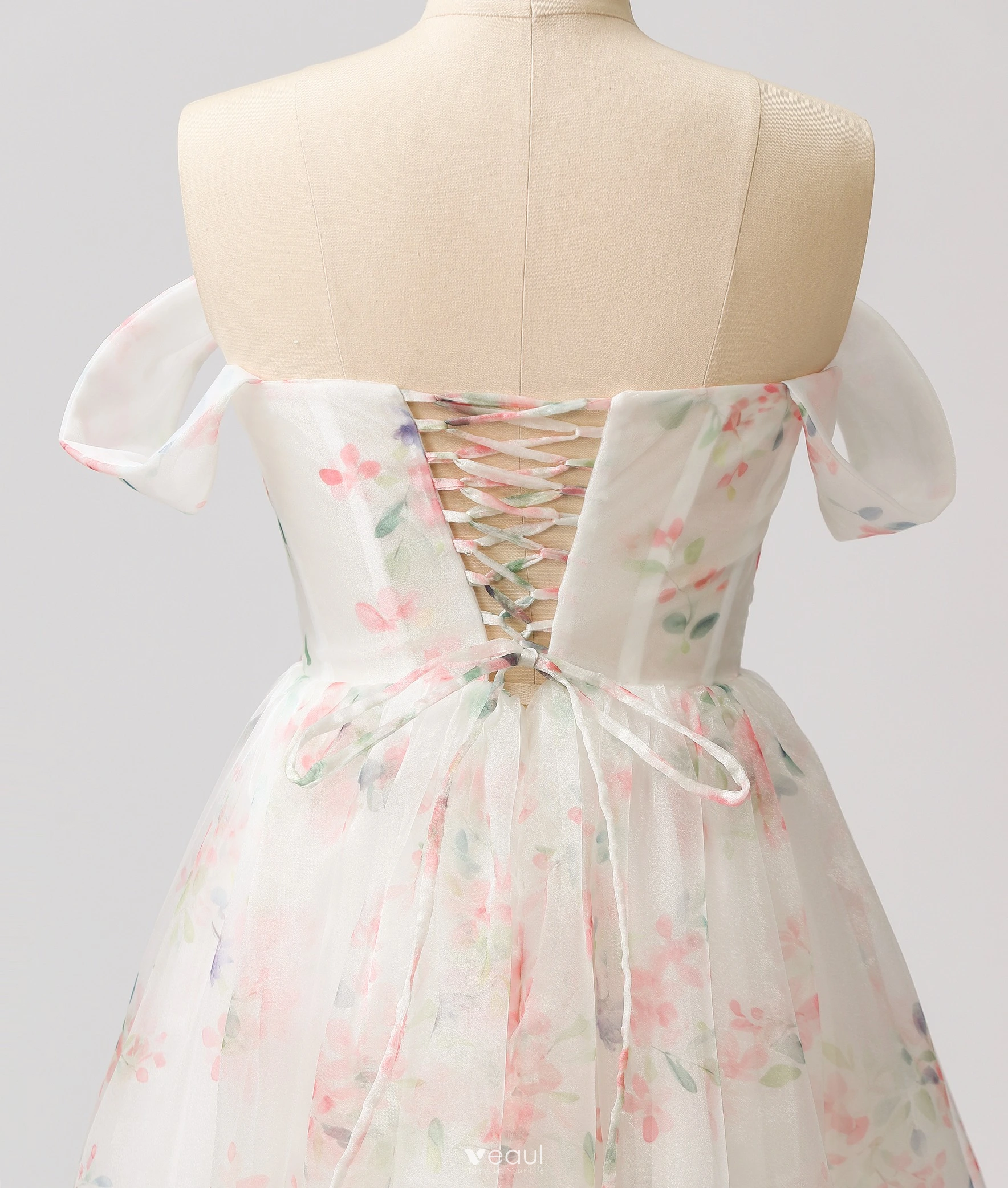 Flower Fairy White Floral Prom Dresses 2024 A-Line / Princess Ruffle Sweet  16 Formal Dresses Crossed Straps Floor-Length / Long Off-The-Shoulder Short  Sleeve