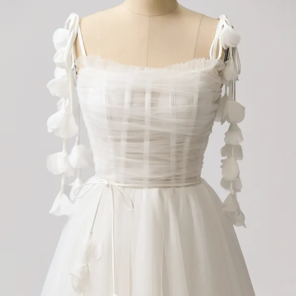Glamorous White Ruffle Tulle Graduation Dresses 2024 Tea-length Sweet 16 Spaghetti Straps Homecoming Prom Dresses Crossed Straps Sleeveless A-Line / Princess