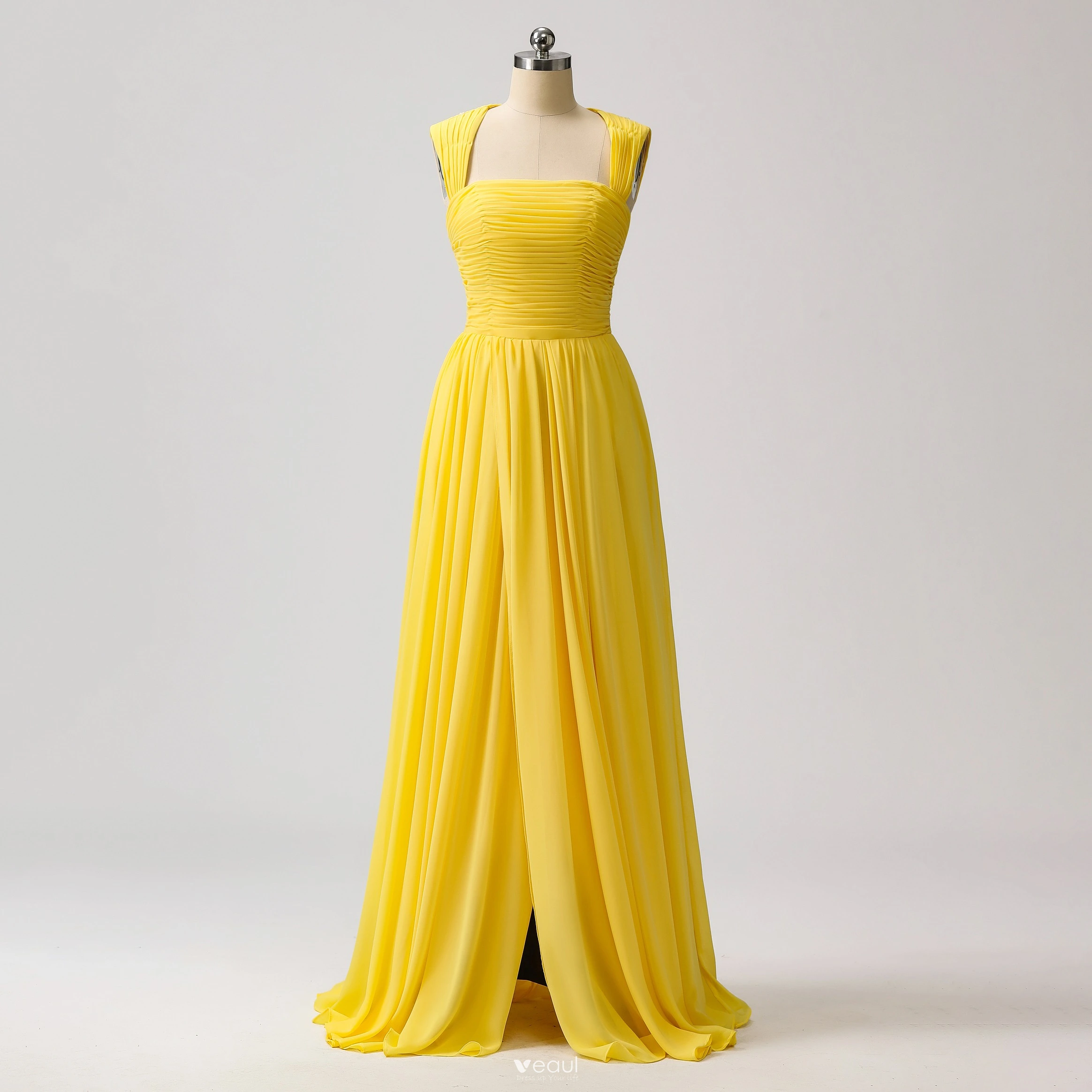 Stunning Yellow Chiffon Split Front Prom Dresses With Cloak 2024 Halter Formal  Dresses Zipper Up Ruffle Floor-Length / Long Sleeveless A-Line / Princess
