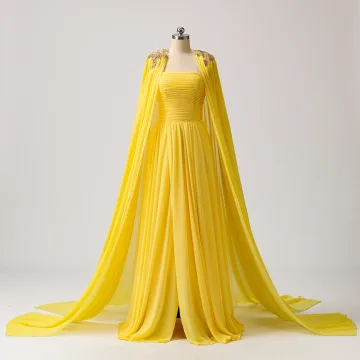 Stunning Yellow Chiffon Split Front Prom Dresses With Cloak 2024 Halter Formal Dresses Zipper Up Ruffle Floor Length Long Sleeveless A Line Princess
