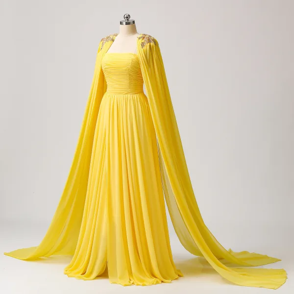 Stunning Yellow Chiffon Split Front Prom Dresses With Cloak 2024 Halter  Formal Dresses Zipper Up Ruffle