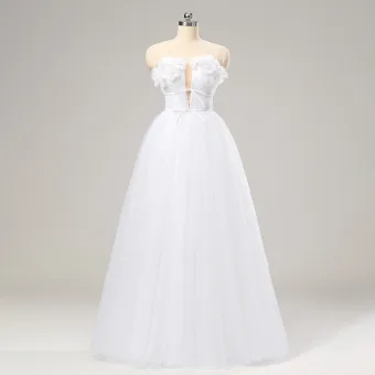 Conte De Fée Blanche Noeud Fleur Robe De Bal Douce 16 Robe De Cérémonie 2024 Princesse Bretelles Croisées Longue Dos Nu Tulle Bustier Sans Manches